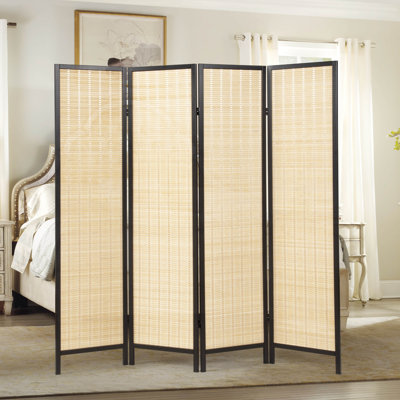 Roundhill Furniture Inkwell 4-Panel Bamboo Room Divider, Folding Portable Partition Screen, Natural With Black Frame