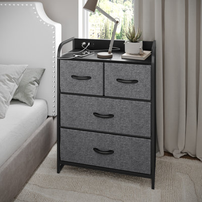4 Fabric Drawer Nightstand With 2 USB Port And 1 Outlet Charging Station