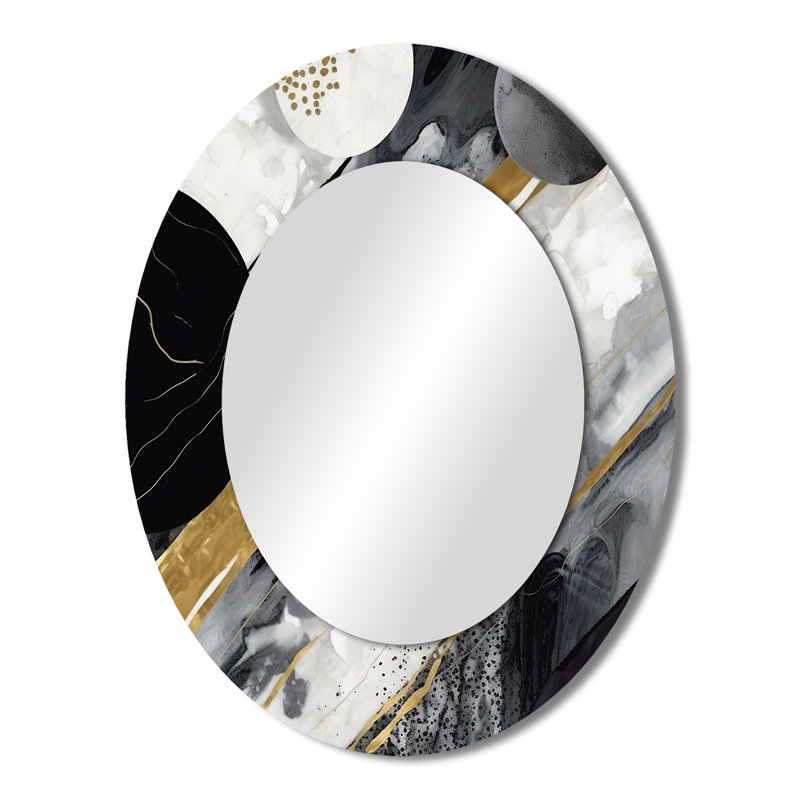 Fusion de marbre noir et or I - miroir décoratif ovale abstrait sur métal, 43 po x 33 po
