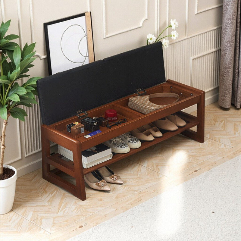 Banc de rangement pour chaussures en bois d'hévéa 40 po avec siège rabattable et coussin en polyuréthane Banc d'entrée en bois massif de 39,37 po x 13,70 po