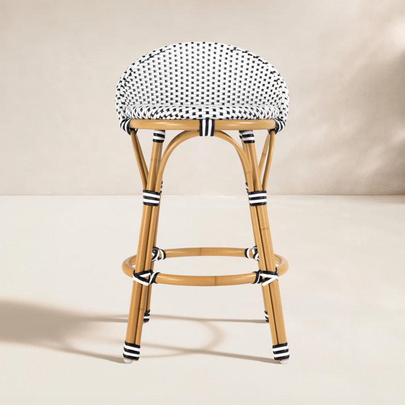 Tobias Outdoor Rattan and Metal Low Back Counter stool, Black/White