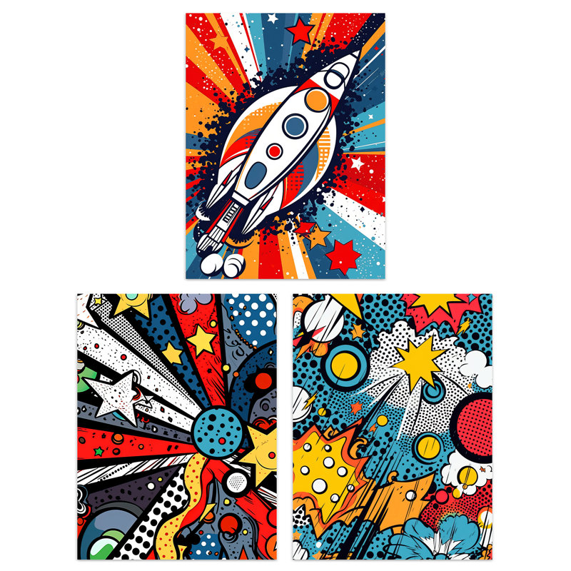Space Comic Book Style Planet Stars Rocket Kids Bedroom - 3 Piece No Frame Print Set, 40.5cm H x 30.5cm W x 0.3cm D