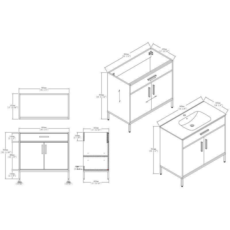 Meuble-lavabo sur pied 36 po avec lavabo - Armoire en bois massif avec lavabo en céramique, portes à fermeture en douceur et rangement réglable pour les petites salles de bain