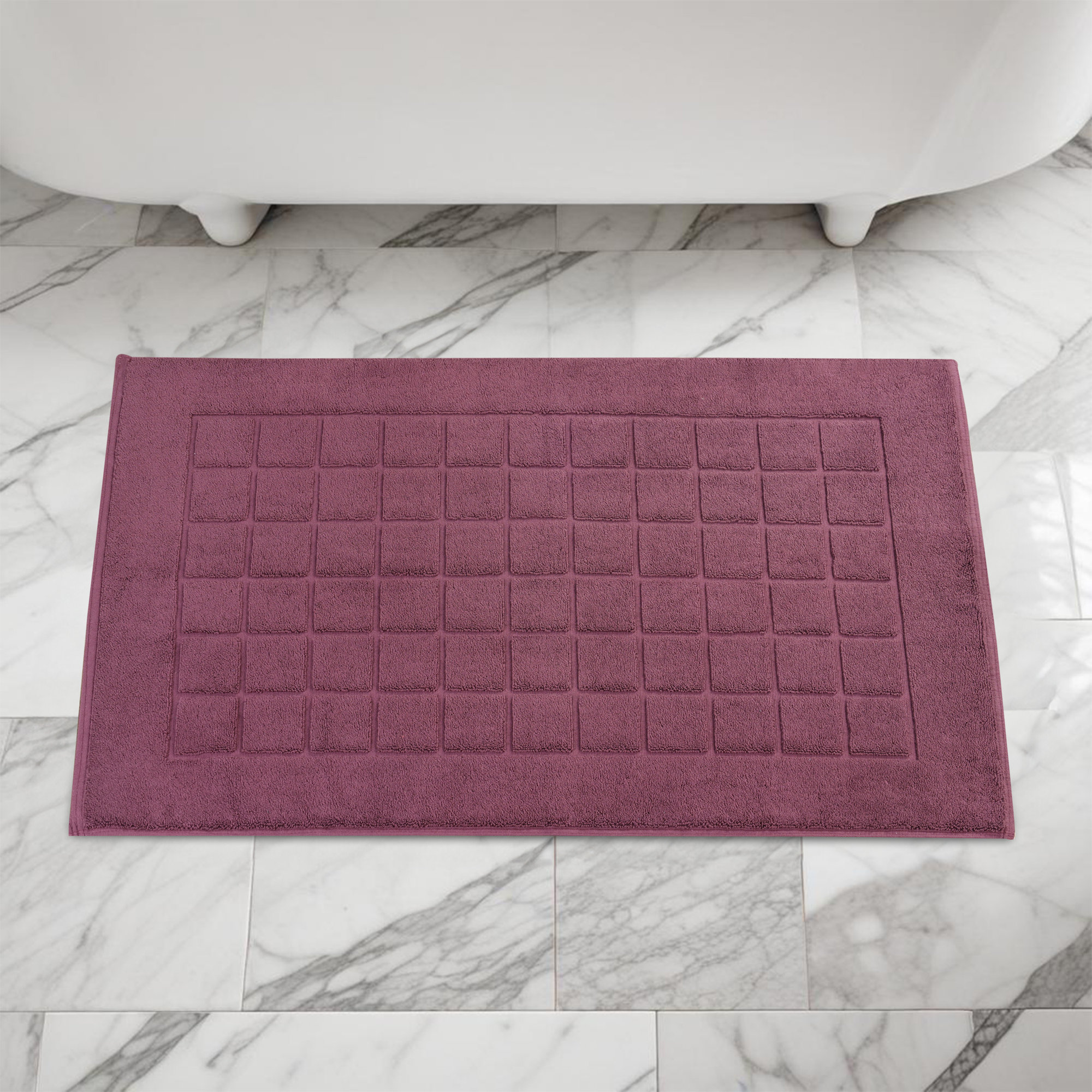 Nora Cotton Terry Solid Absorbent Thick Checkered Washable 2 Piece Bath Mat Set, Plum
