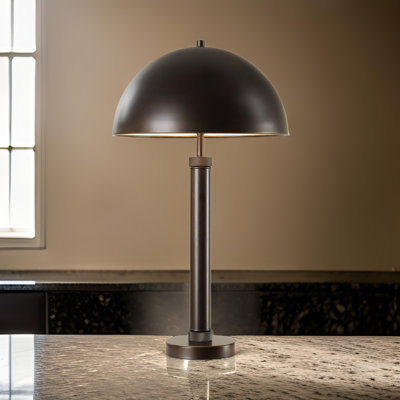 Lampe de table moderne, abat-jour dôme, bordure dorée, base ronde en métal noir