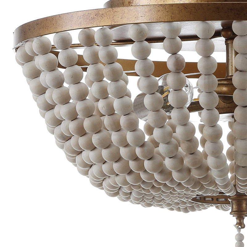 Ohlone Farmhouse Wood Beaded/Metal LED Flush Mount, Antique Gold, 12.5" H x 15" W x 15" D