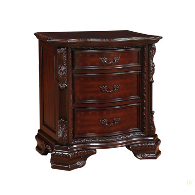 1Pc Three Drawers Nightstand Intricate Moldings Beautifully Curved Silhouette Bedroom Solid Wood Furniture