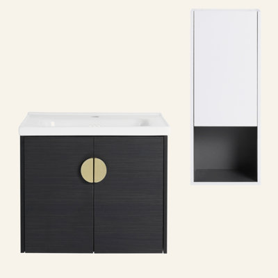 24" Wall-Mounted Bathroom Vanity With Ceramic Sink And Side Cabinet, Soft Close Doors