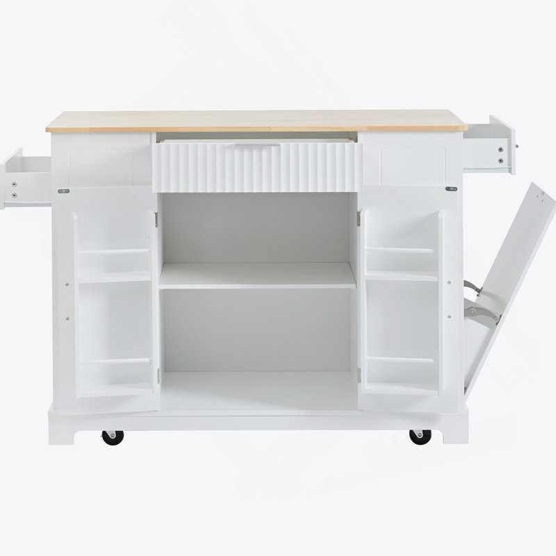 Fluted Rubber Wood Kitchen Island With Concealed Tilt-Out Trash Can, Built-In Power Outlets, Adjustable Internal Shelves, And 5 Silent Locking Wheels For Flexible Food Prep And Storage.