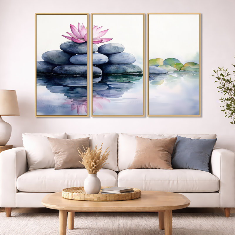 "Lotus Reflection", art mural 3 pièces, H 40 po x l 60 po, Cadre crème crème