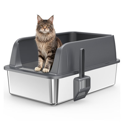 Grande grande litière pour chat en acier inoxydable avec côtés hauts et contrôle des odeurs - Bac à chat en métal robuste avec pelle