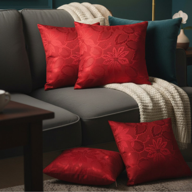 Kraft Indoor / Outdoor Floral Red Square Throw Cushion Cover Pack Of 4
