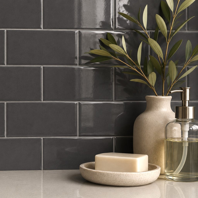 Curvaceous 3" x 6" Ceramic Wall Tile, Dark Gray