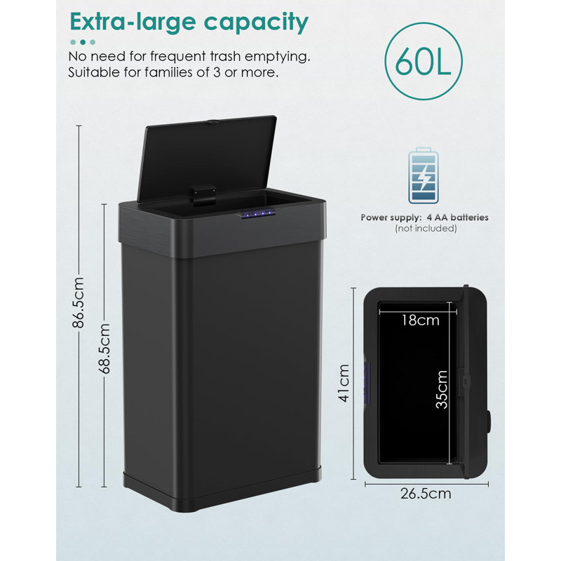 Stainless Steel Motion Sensor Kitchen Trash Can, 68.5cm H x 41cm W x 26.5cm D, Black, 60