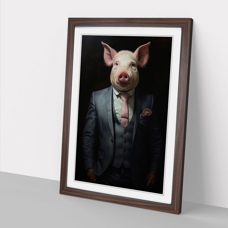 Pig In A Suit No.2 - Single Picture Frame Print on Wood, 34cm H x 25cm W x 2cm D, Walnut