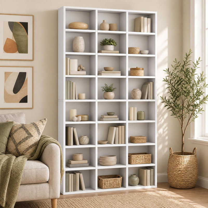 Bibliothèque 70 po avec 24 tablettes de rangement et tablettes réglables blanches