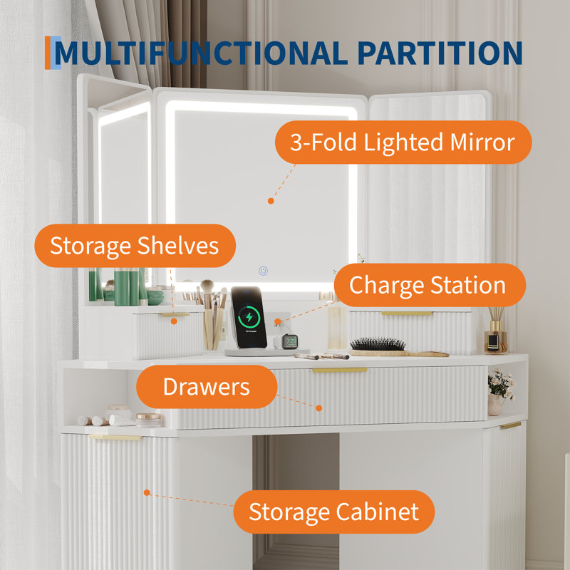 Bureau de meuble-lavabo de coin avec miroir et lumières DEL, coiffeuse cannelée avec tiroirs, Blanc