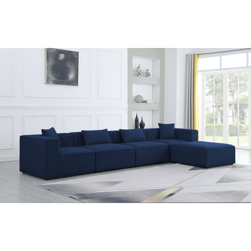 Canapé modulaire réversible de 144 po de large avec repose-pieds, Tissu texturé en lin bleu marine