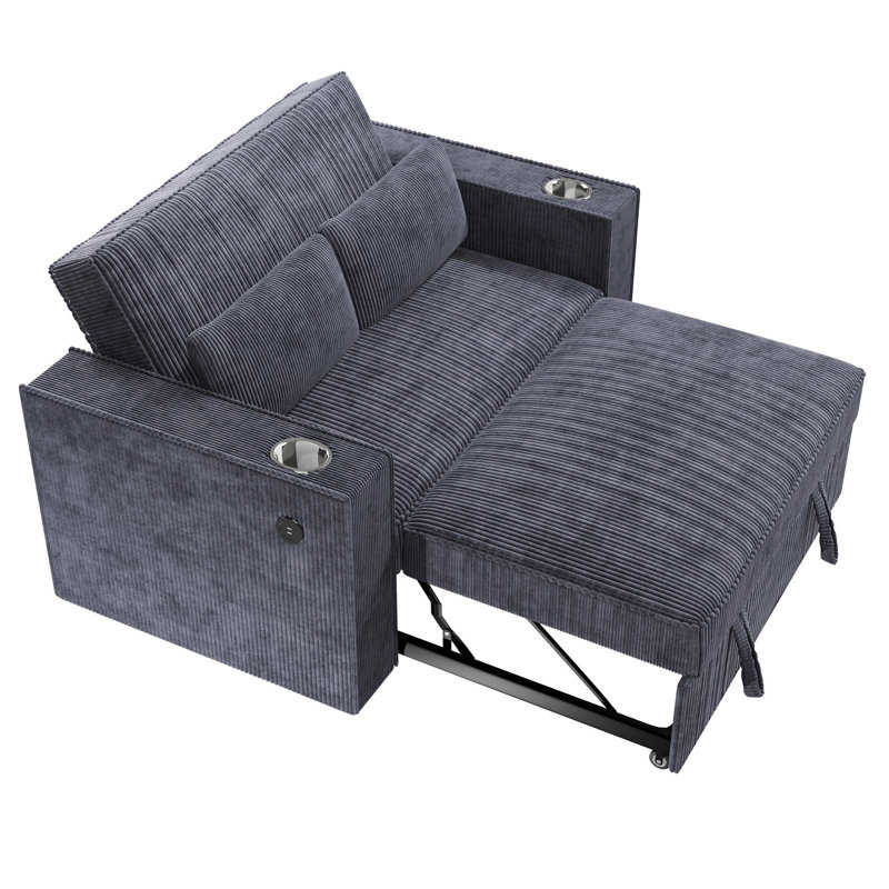Velours côtelé gris foncé 2 avec porte-gobelets et fonction couchette, style convertible moderne de style transitionnel