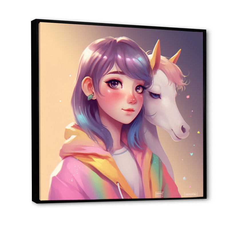 Adorable licorne accompagnée sur toile, Cadre flottant noir, 24" H x 24" W