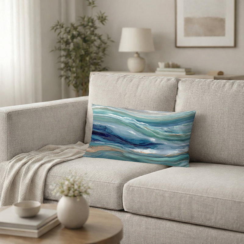 Coussin vert et bleu, H 12 po x l 20 po