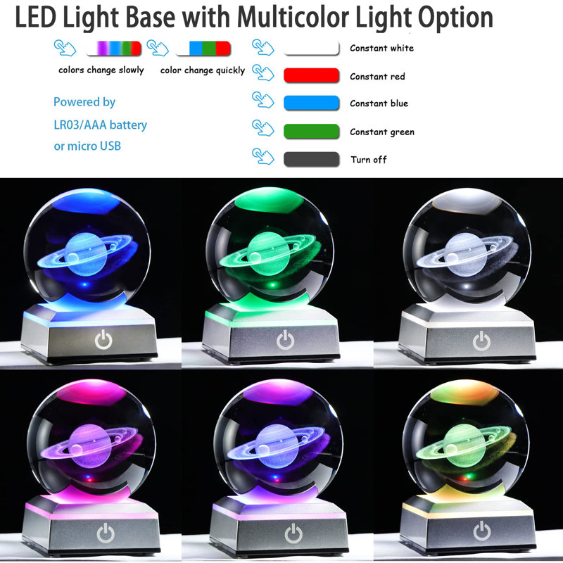 80mm 3D Engraved Saturn Crystal Ball with LED Base, Solar System Glass Sphere Decor.