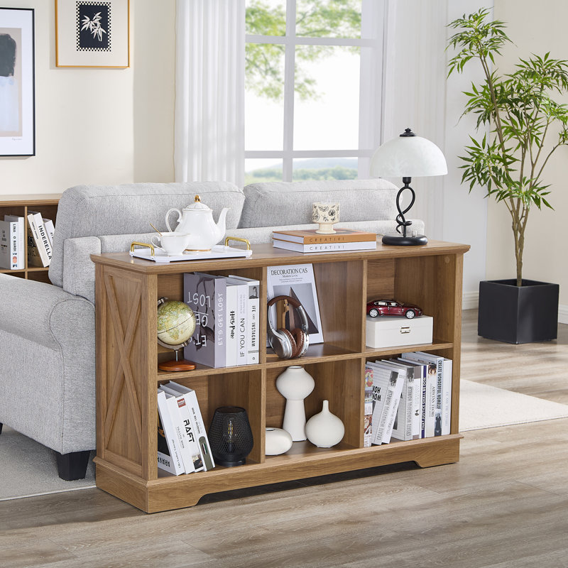 Farmhouse 6 Cube Bookshelf, Wood Display Cabinet Book Shelves for Bedroom, 28.4" H x 47.2" W x 13.7" D, Nature Oak
