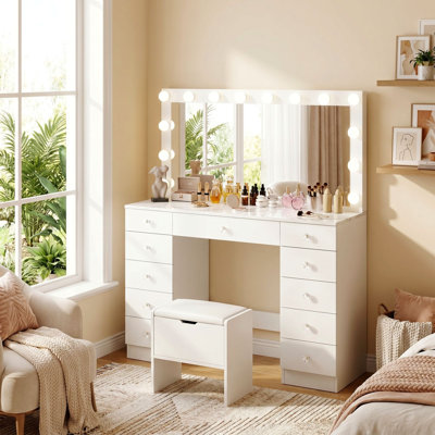 Makeup Vanity Desk with 11 Drawers and Outlet, 3 Color Lighting Modes Adjustable Brightness