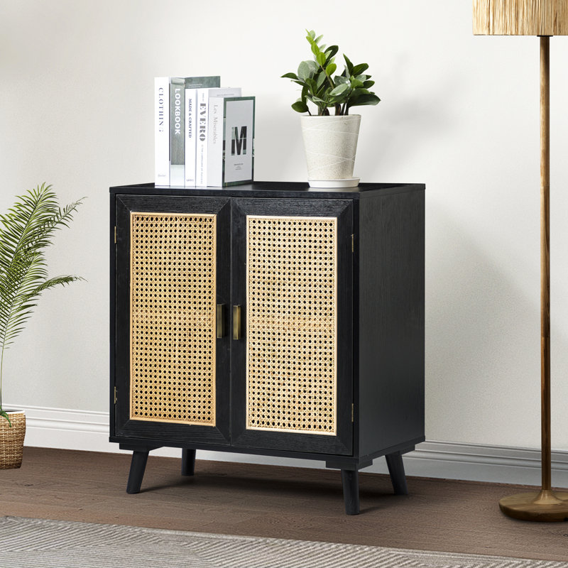 Armoire d'appoint à 2 portes en rotin avec pieds en bois massif Emily, Noir