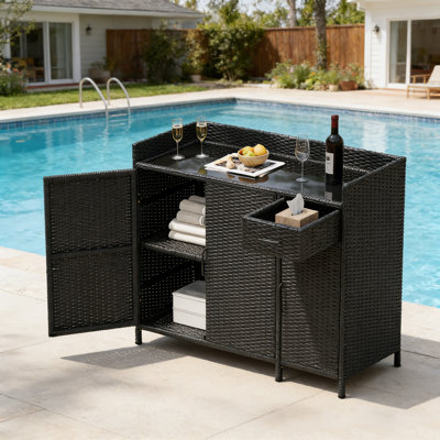 47.5" W All-Weather Wicker Outdoor Storage Cabinet & Buffet Server with Tempered Glass Top, Adjustable Shelves and Drawer