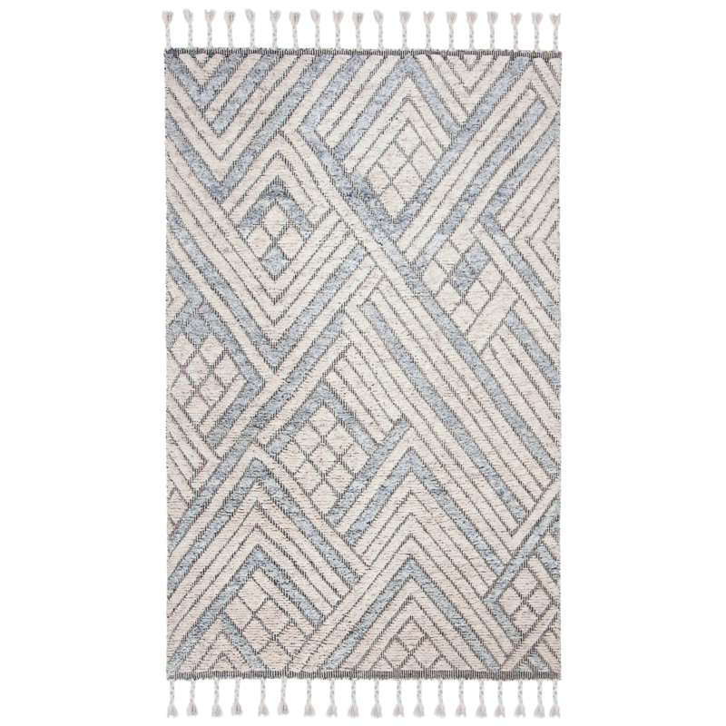 Powell Hand Knotted Wool Viscose Geometric Rug in Gray/Ivory, Rectangle 5' x 8'