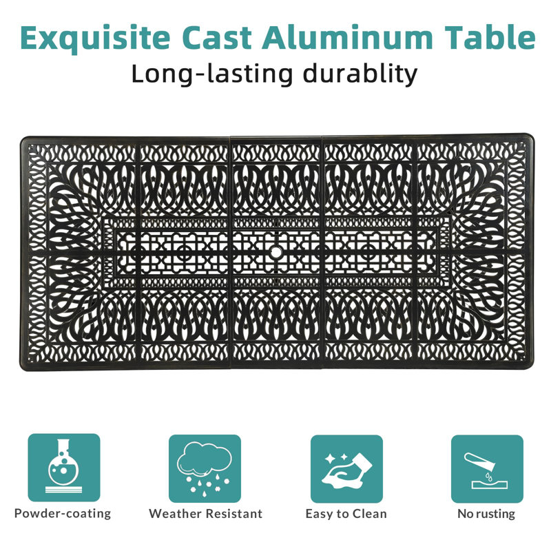 Meetwarm 9-Piece Outdoor Patio Dining Set, All Weather Cast Aluminum Patio Funiture Table And Chairs Set- 94.5" Rectangular Table And 2 Swivel Rocker Chairs, 6 Stationary, Umbrella Hole