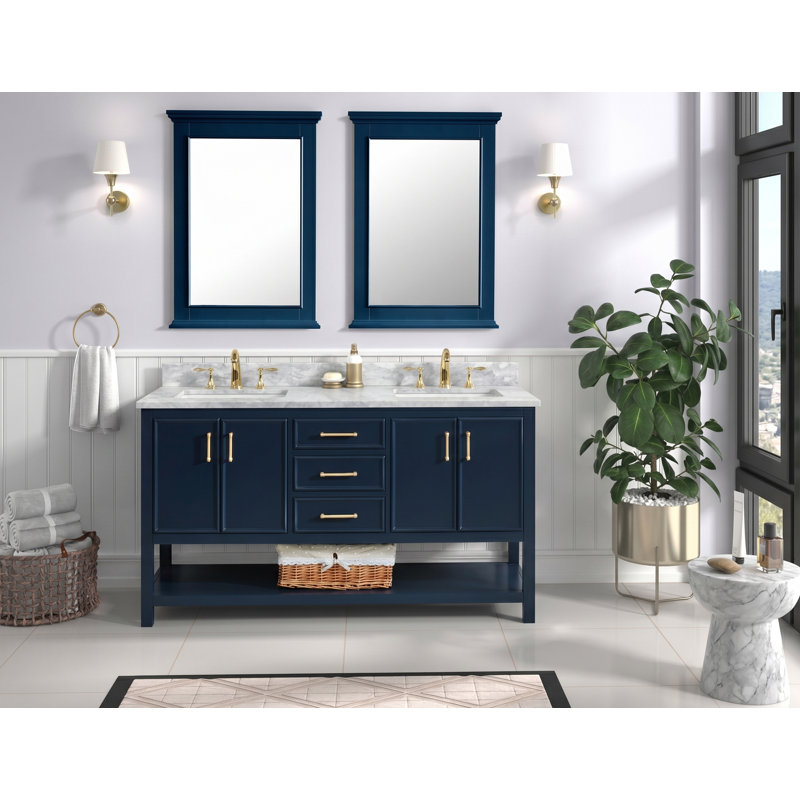 Paulene 60'' Double Bathroom Vanity with Marble Top, Navy Blue, Premium Marble