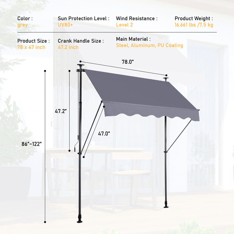 Manual Retractable Sun Shade Awning - 78'' Patio Canopy With Rust Resistance 100% Made For And Backyard