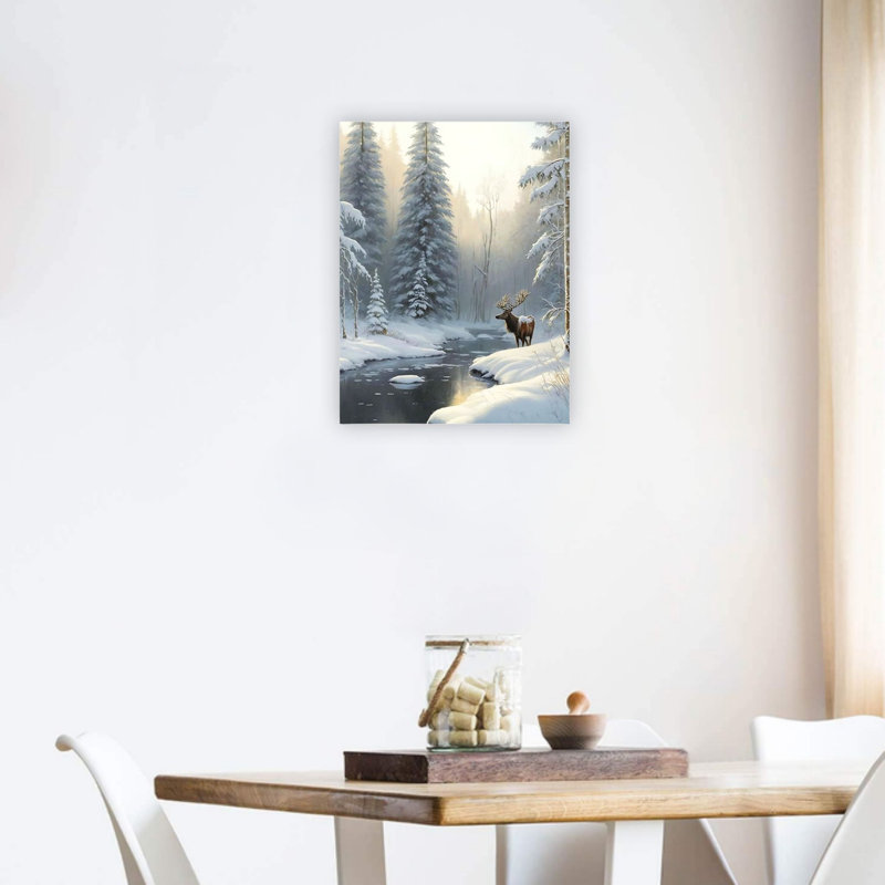 Toile blanche de qualité supérieure blanc d'hiver avec cerf de neige, décoration murale 24 po x 18 po