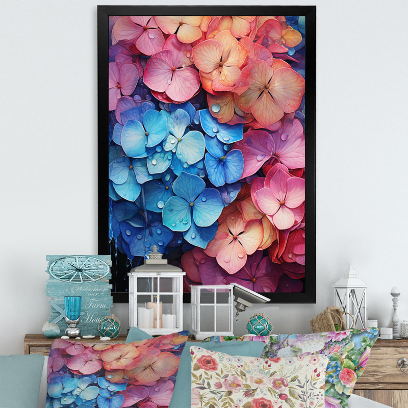 Hydrangées bleues et roses - Pétales surréels, Cadre photo noir, H 20 po x l 12 po x P 1 po