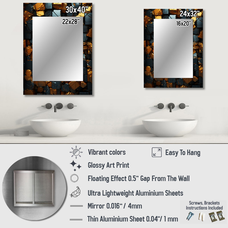Grunge Gold Cubes Abstract Geometric VI - Tile Wall Mirror, Modern Decorative Mirror, Printed Metal Art, 32" x 24"