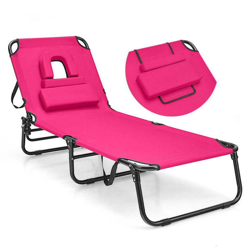 Beach Chaise Lounge Chair With Face Hole And Removable Pillow, Pink