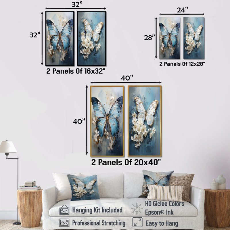 Butterfly Ethereal Blues Form Abstract Elegance - Ensemble de 2 décorations murales papillon, Cadre flottant brun