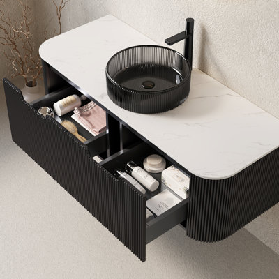 Meuble-lavabo 48 po avec lavabo en verre noir transparent, armoire flottante murale à rayures 3D artistiques, système de fermeture en douceur à 2 tiroirs, contreplaqué, lavabo pré-assemblé et fonctionnel, tiroir