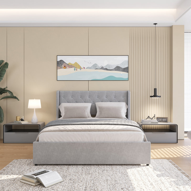 Structure de lit grand format avec 4 tiroirs de rangement, tête de lit à oreilles et capitonnage à boutons pour des chambres élégantes et fonctionnelles
