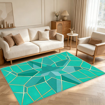 Teal Gold Geometric area rugs for Living Room, Soft and Comfortable, Suitable for all seasons, easy to maintain, machine washable Indoor floor mat, Under Table Farmhouse suitable for Bedroom, Dining Room, Study,  Balcony, Home Decor Patio