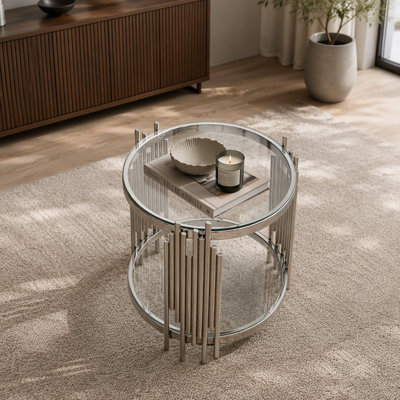 Table de bout ronde de luxe avec plateau en verre trempé à 2 niveaux et structure en acier inoxydable, table d'appoint moderne pour le salon, la chambre à coucher, le bureau ou le café
