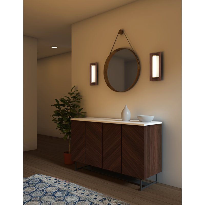 Penna 1 - Light LED Flush Mounted Sconce, 16" H x 7.7" W x 3.5" D, Brushed Brass/Dark Stained Walnut