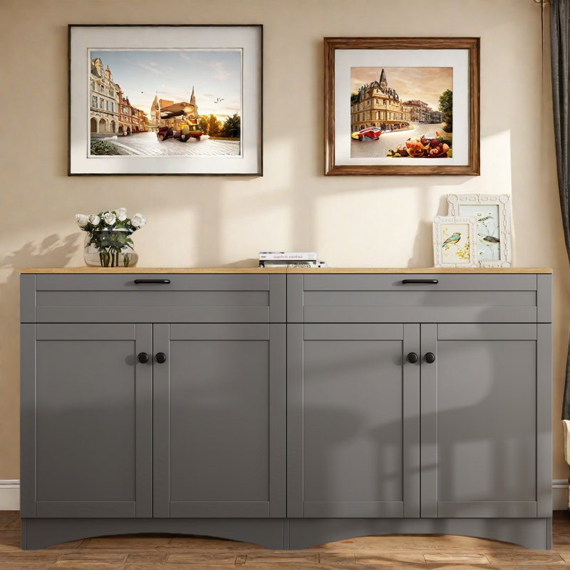 Farmhouse Sideboard With Adjustable Shelves And Rustic Handles, Gray