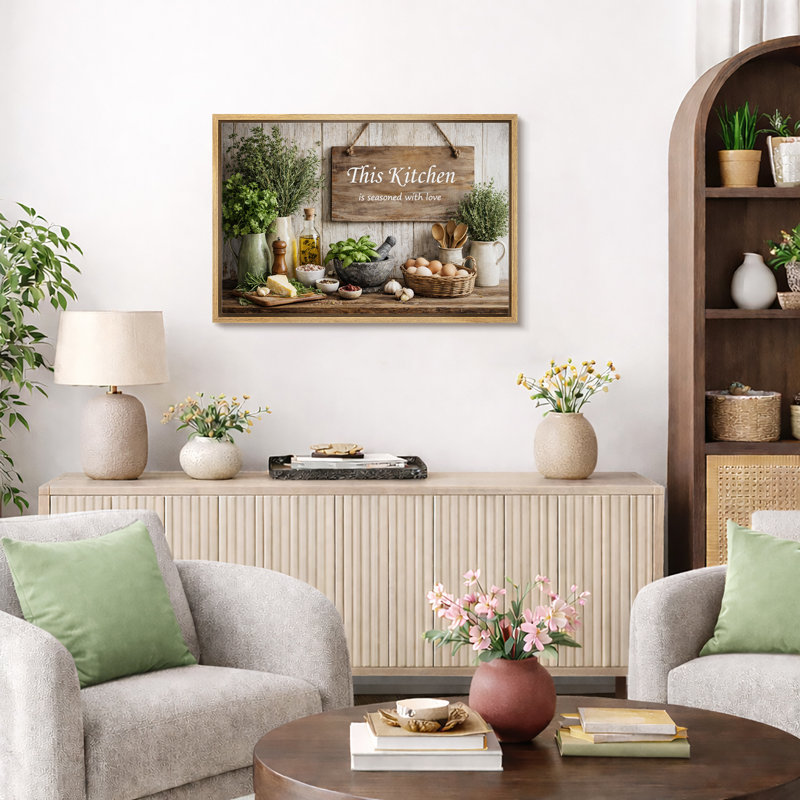 "Kitchen Herbs", assaisonné avec amour, impression sur toile encadrée, H 24 po x l 36 po x P 1,5 po, Cadre naturel