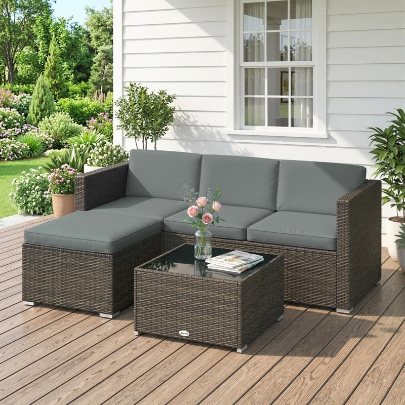 Mobilier de patio en osier avec coussins rembourrés, ensembles de canapé d'angle, Gris