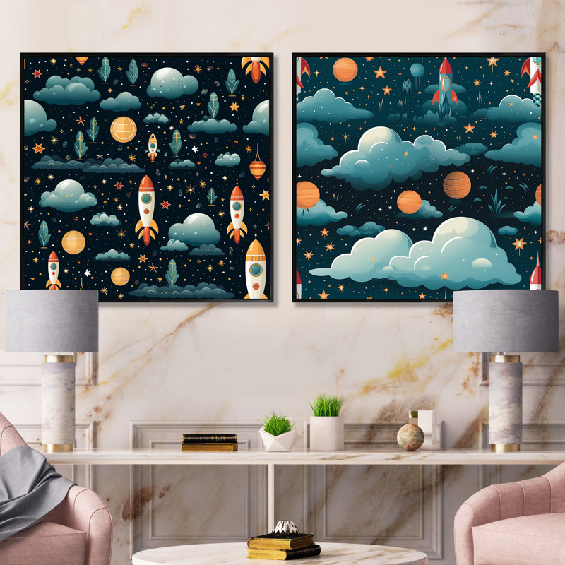Fusée spatiale pour chambre d'enfant - ensemble de 2 collages carrés pour enfants, Cadre flottant noir, H 16 po x l 33 po