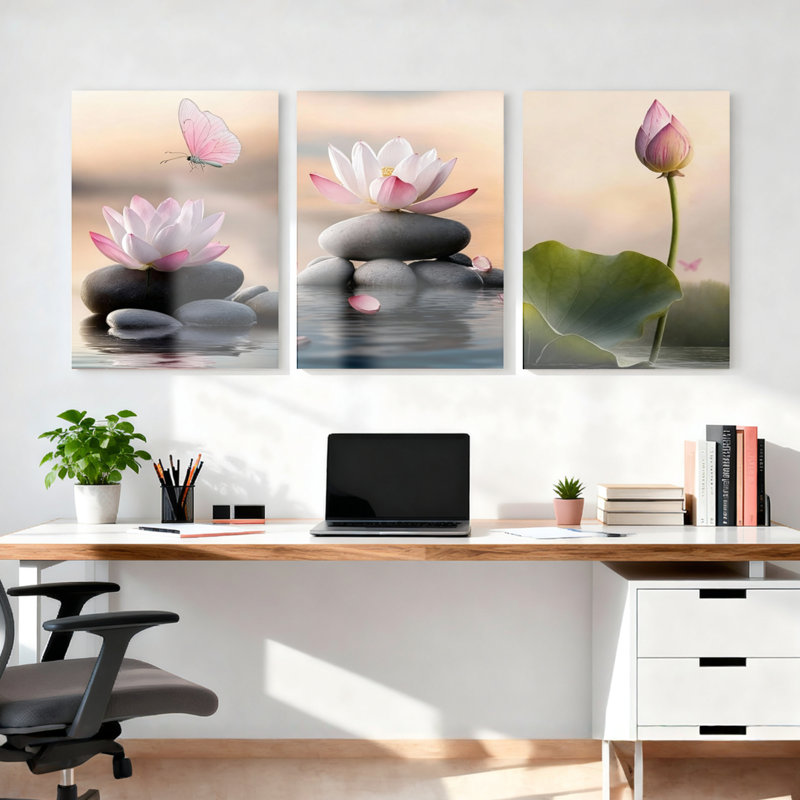 Fleur de lotus et pierres zen, reproduction d'art sur toile tendue sur toile (ensemble de 3), H 18 po x l 36 po