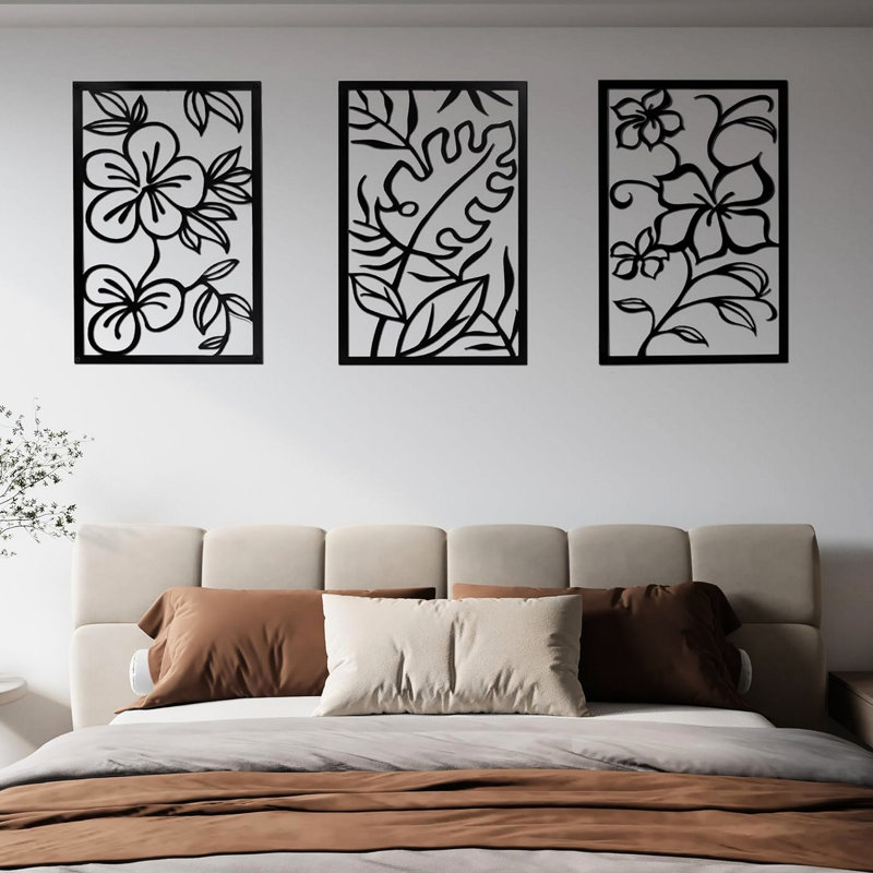 Three Piece Wall Decor In Black Rectangular Metal Frame With Floral Pattern Hollow Out Style, Made From Metal, 3D Cut Design, 0.08 Inch Thickness For Strength And Resistance To Bending, Pre - Fitted